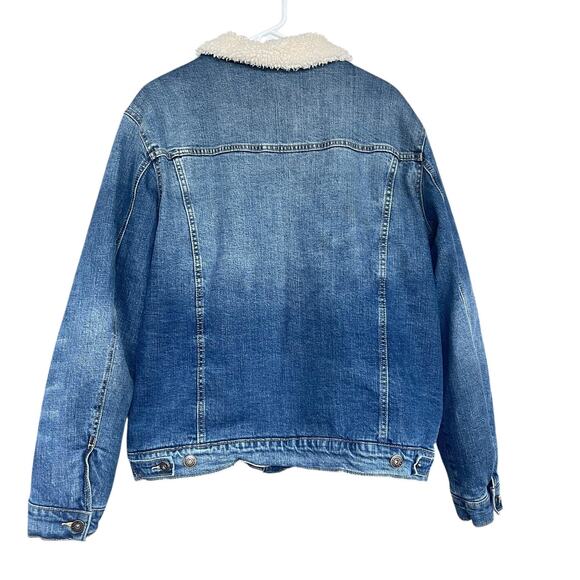 Goodfellow Jacket Mens XL Blue Sherpa Lined Denim Trucker Faux Fur Collar Button - Picture 2 of 10